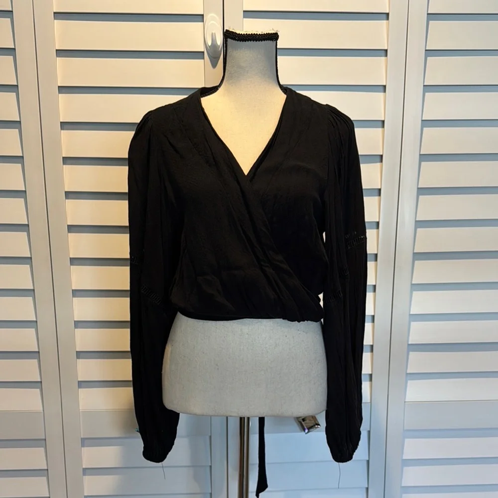 Free People Black Puff Sleeve Wrap Blouse